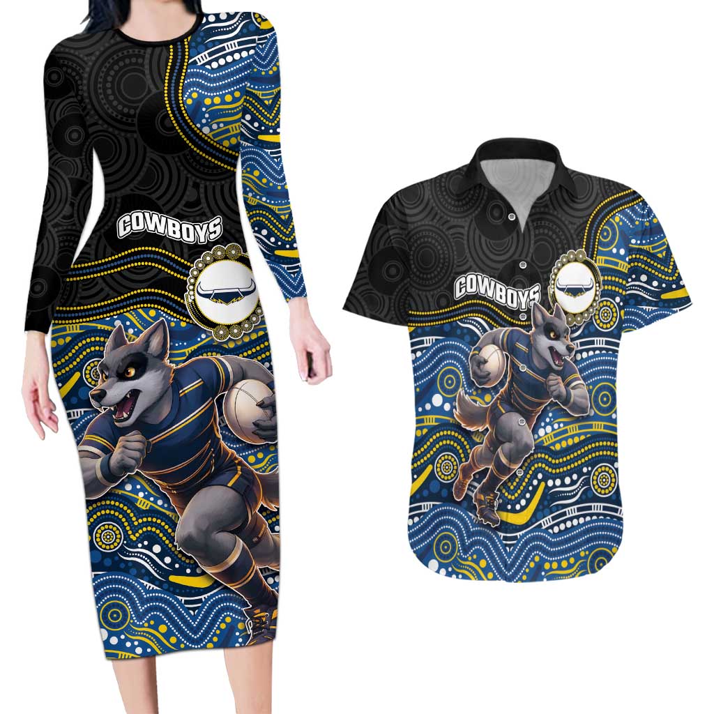 Custom Cowboys Couples Matching Long Sleeve Bodycon Dress and Hawaiian Shirt Cattle Dog Mascot With Aboriginal Indigenous