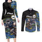 Custom Cowboys Couples Matching Long Sleeve Bodycon Dress and Long Sleeve Button Shirt Cattle Dog Mascot With Aboriginal Indigenous