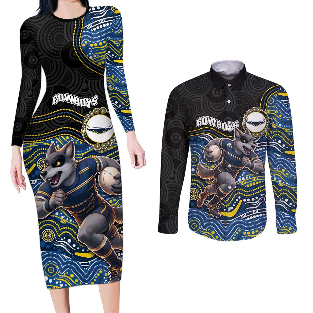 Custom Cowboys Couples Matching Long Sleeve Bodycon Dress and Long Sleeve Button Shirt Cattle Dog Mascot With Aboriginal Indigenous