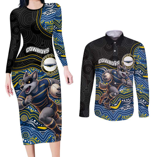 Custom Cowboys Couples Matching Long Sleeve Bodycon Dress and Long Sleeve Button Shirt Cattle Dog Mascot With Aboriginal Indigenous