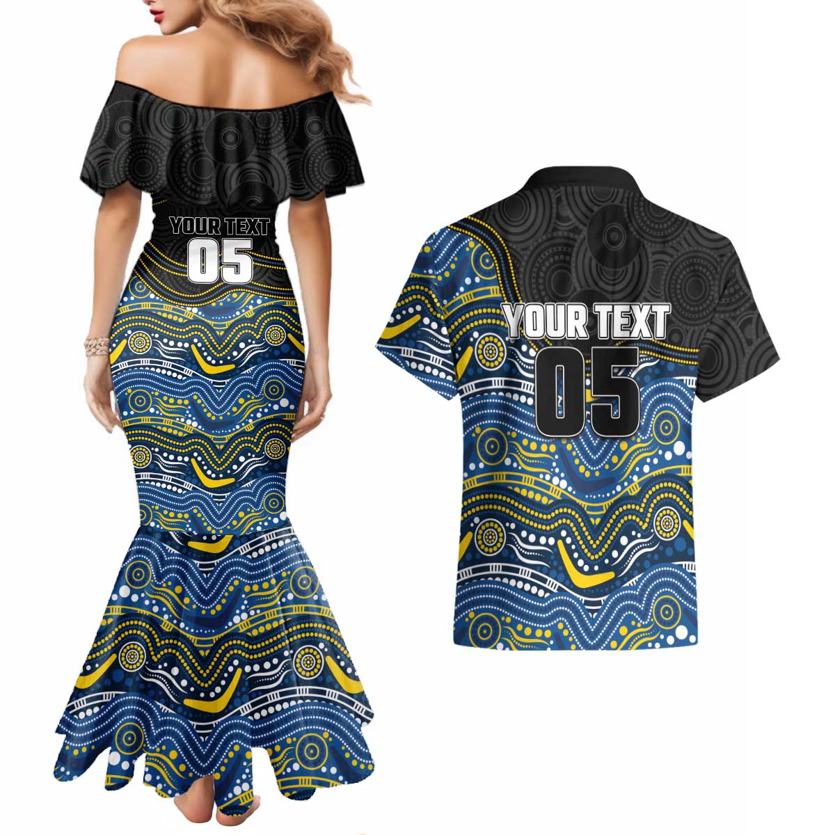 Custom Cowboys Couples Matching Mermaid Dress and Hawaiian Shirt Cattle Dog Mascot With Aboriginal Indigenous