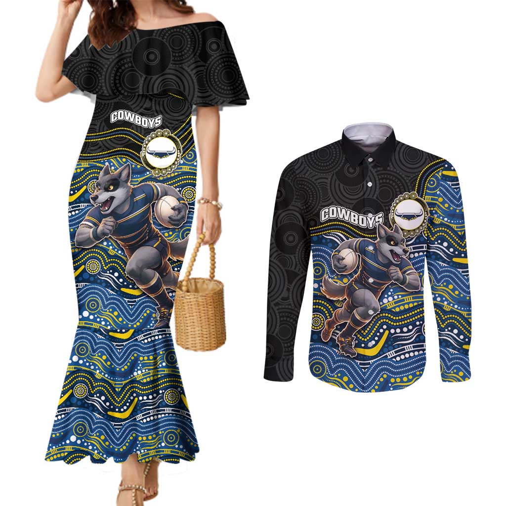Custom Cowboys Couples Matching Mermaid Dress and Long Sleeve Button Shirt Cattle Dog Mascot With Aboriginal Indigenous