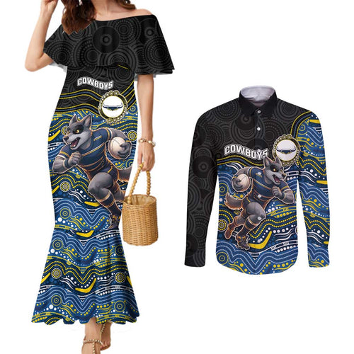 Custom Cowboys Couples Matching Mermaid Dress and Long Sleeve Button Shirt Cattle Dog Mascot With Aboriginal Indigenous