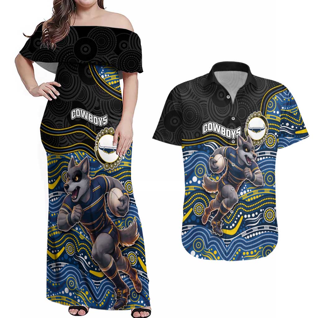 Custom Cowboys Couples Matching Off Shoulder Maxi Dress and Hawaiian Shirt Cattle Dog Mascot With Aboriginal Indigenous