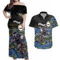 Custom Cowboys Couples Matching Off Shoulder Maxi Dress and Hawaiian Shirt Cattle Dog Mascot With Aboriginal Indigenous