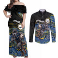 Custom Cowboys Couples Matching Off Shoulder Maxi Dress and Long Sleeve Button Shirt Cattle Dog Mascot With Aboriginal Indigenous