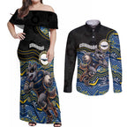 Custom Cowboys Couples Matching Off Shoulder Maxi Dress and Long Sleeve Button Shirt Cattle Dog Mascot With Aboriginal Indigenous