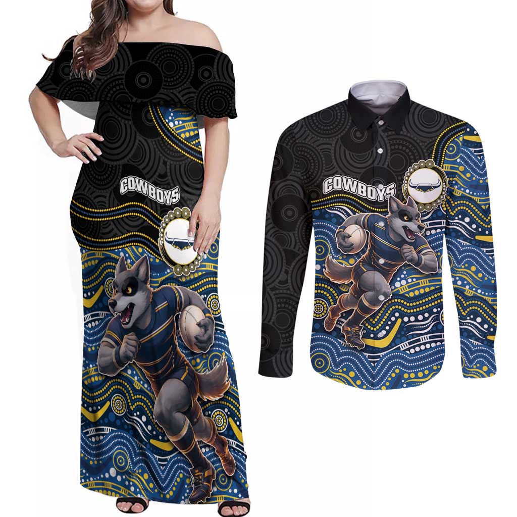 Custom Cowboys Couples Matching Off Shoulder Maxi Dress and Long Sleeve Button Shirt Cattle Dog Mascot With Aboriginal Indigenous