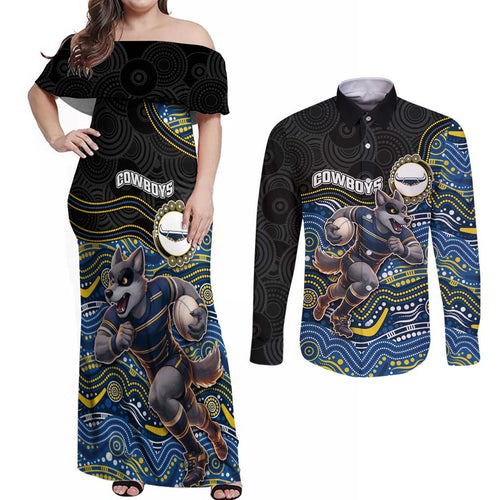 Custom Cowboys Couples Matching Off Shoulder Maxi Dress and Long Sleeve Button Shirt Cattle Dog Mascot With Aboriginal Indigenous