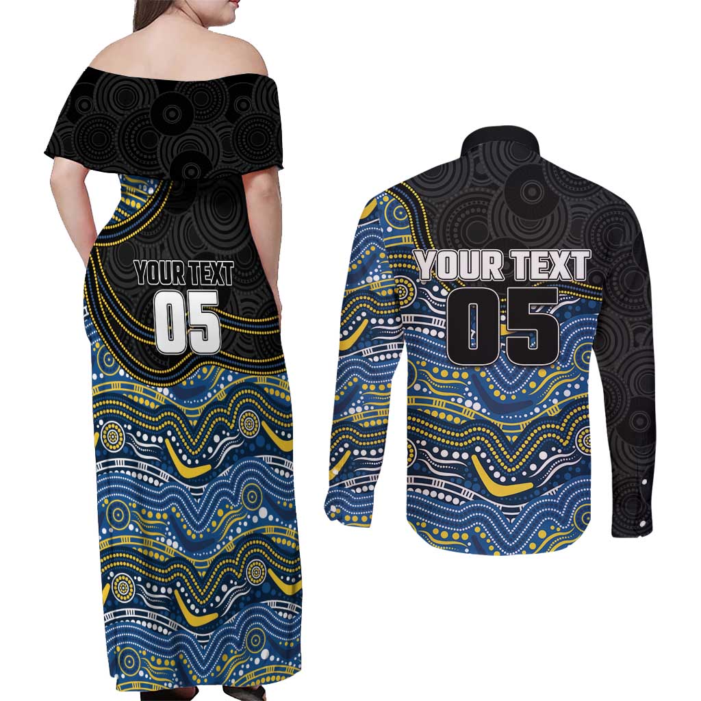Custom Cowboys Couples Matching Off Shoulder Maxi Dress and Long Sleeve Button Shirt Cattle Dog Mascot With Aboriginal Indigenous