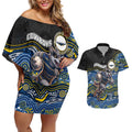 Custom Cowboys Couples Matching Off Shoulder Short Dress and Hawaiian Shirt Cattle Dog Mascot With Aboriginal Indigenous