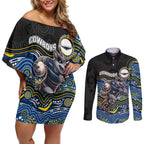 Custom Cowboys Couples Matching Off Shoulder Short Dress and Long Sleeve Button Shirt Cattle Dog Mascot With Aboriginal Indigenous