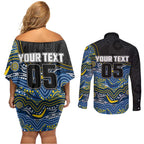 Custom Cowboys Couples Matching Off Shoulder Short Dress and Long Sleeve Button Shirt Cattle Dog Mascot With Aboriginal Indigenous