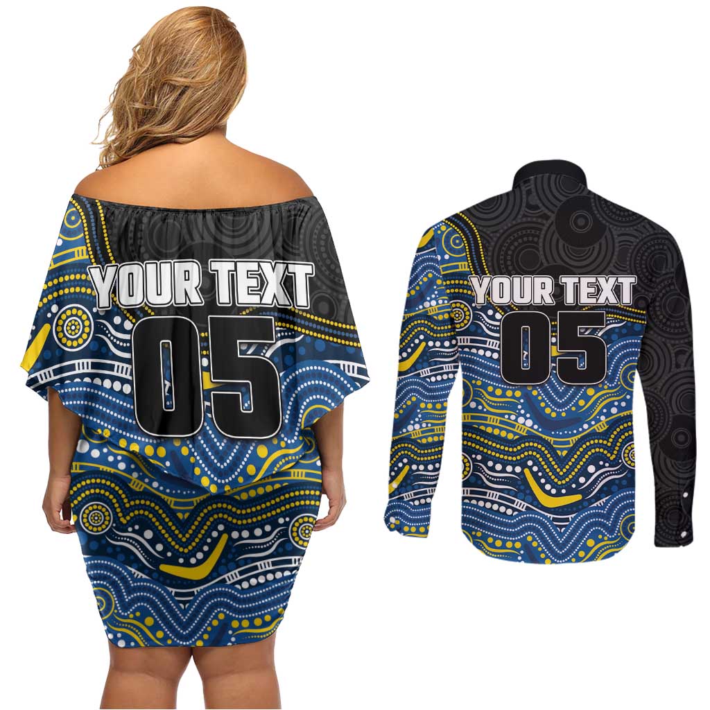 Custom Cowboys Couples Matching Off Shoulder Short Dress and Long Sleeve Button Shirt Cattle Dog Mascot With Aboriginal Indigenous