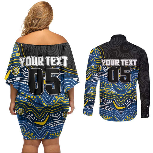 Custom Cowboys Couples Matching Off Shoulder Short Dress and Long Sleeve Button Shirt Cattle Dog Mascot With Aboriginal Indigenous