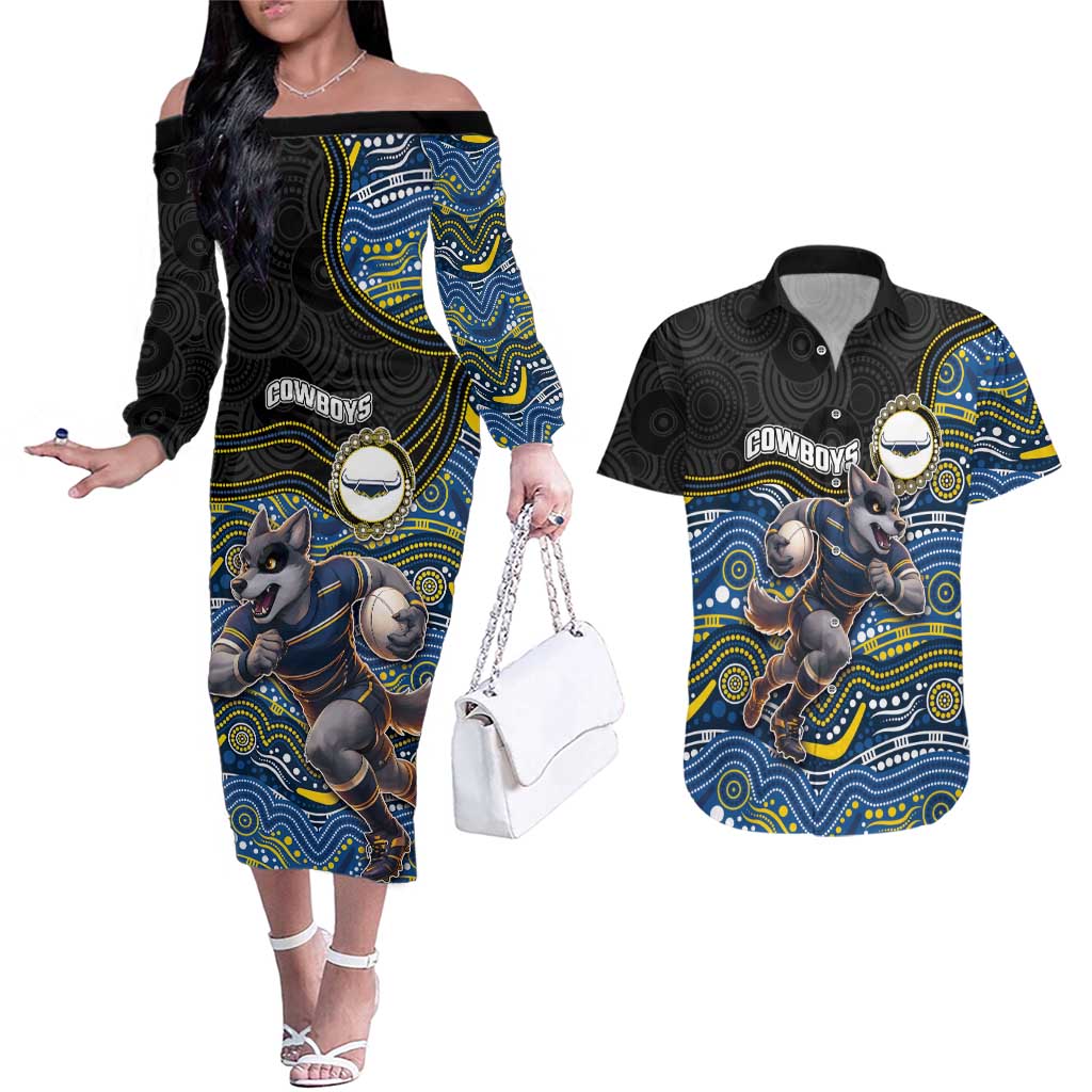 Custom Cowboys Couples Matching Off The Shoulder Long Sleeve Dress and Hawaiian Shirt Cattle Dog Mascot With Aboriginal Indigenous