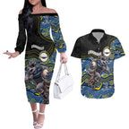 Custom Cowboys Couples Matching Off The Shoulder Long Sleeve Dress and Hawaiian Shirt Cattle Dog Mascot With Aboriginal Indigenous