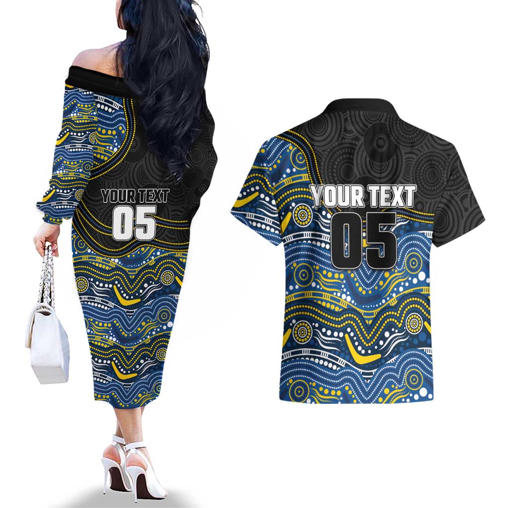 Custom Cowboys Couples Matching Off The Shoulder Long Sleeve Dress and Hawaiian Shirt Cattle Dog Mascot With Aboriginal Indigenous