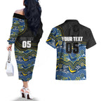 Custom Cowboys Couples Matching Off The Shoulder Long Sleeve Dress and Hawaiian Shirt Cattle Dog Mascot With Aboriginal Indigenous
