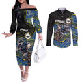 Custom Cowboys Couples Matching Off The Shoulder Long Sleeve Dress and Long Sleeve Button Shirt Cattle Dog Mascot With Aboriginal Indigenous