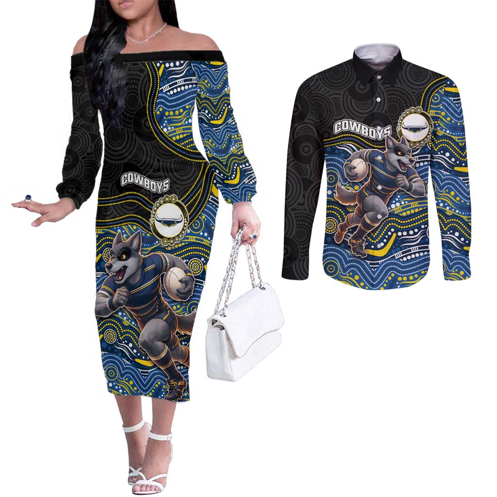 Custom Cowboys Couples Matching Off The Shoulder Long Sleeve Dress and Long Sleeve Button Shirt Cattle Dog Mascot With Aboriginal Indigenous