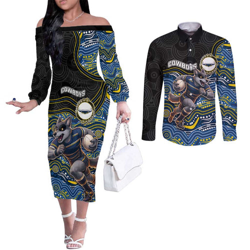 Custom Cowboys Couples Matching Off The Shoulder Long Sleeve Dress and Long Sleeve Button Shirt Cattle Dog Mascot With Aboriginal Indigenous