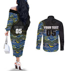 Custom Cowboys Couples Matching Off The Shoulder Long Sleeve Dress and Long Sleeve Button Shirt Cattle Dog Mascot With Aboriginal Indigenous