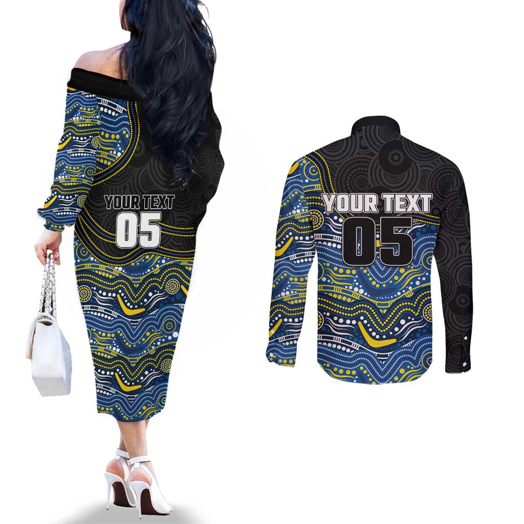 Custom Cowboys Couples Matching Off The Shoulder Long Sleeve Dress and Long Sleeve Button Shirt Cattle Dog Mascot With Aboriginal Indigenous