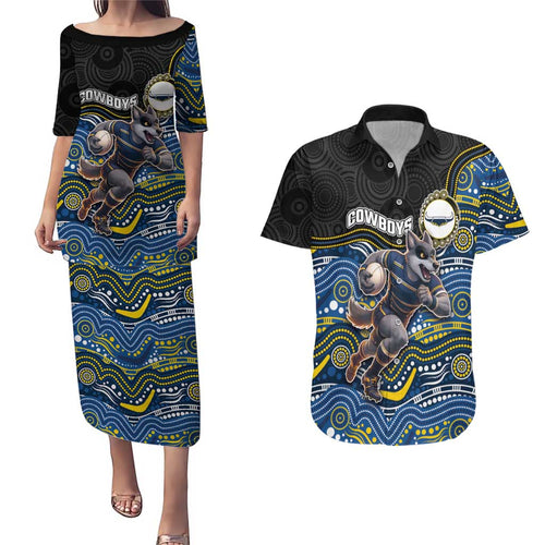 Custom Cowboys Couples Matching Puletasi and Hawaiian Shirt Cattle Dog Mascot With Aboriginal Indigenous