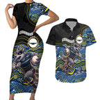 Custom Cowboys Couples Matching Short Sleeve Bodycon Dress and Hawaiian Shirt Cattle Dog Mascot With Aboriginal Indigenous