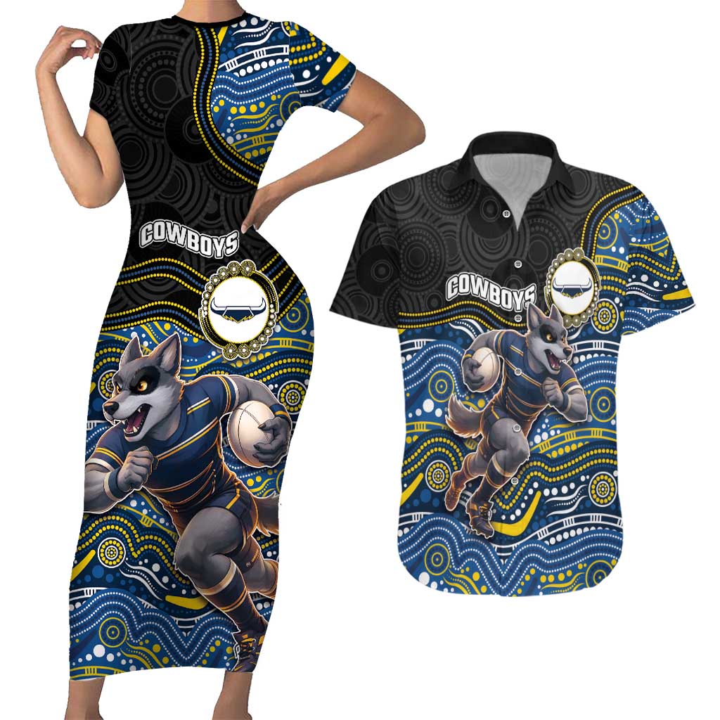 Custom Cowboys Couples Matching Short Sleeve Bodycon Dress and Hawaiian Shirt Cattle Dog Mascot With Aboriginal Indigenous