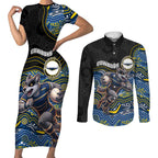 Custom Cowboys Couples Matching Short Sleeve Bodycon Dress and Long Sleeve Button Shirt Cattle Dog Mascot With Aboriginal Indigenous