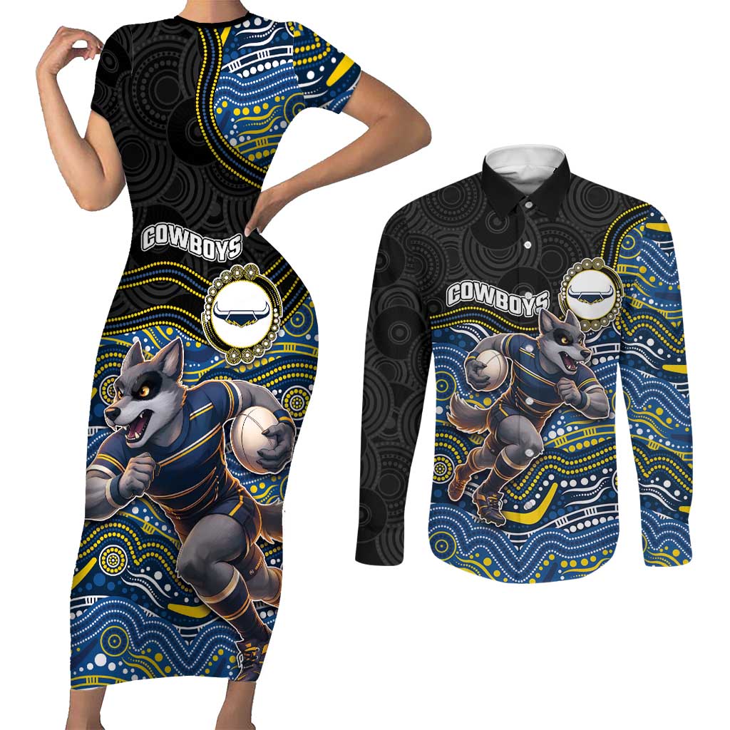 Custom Cowboys Couples Matching Short Sleeve Bodycon Dress and Long Sleeve Button Shirt Cattle Dog Mascot With Aboriginal Indigenous