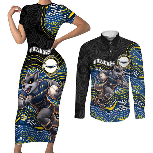 Custom Cowboys Couples Matching Short Sleeve Bodycon Dress and Long Sleeve Button Shirt Cattle Dog Mascot With Aboriginal Indigenous