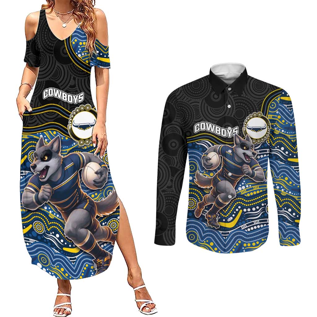Custom Cowboys Couples Matching Summer Maxi Dress and Long Sleeve Button Shirt Cattle Dog Mascot With Aboriginal Indigenous