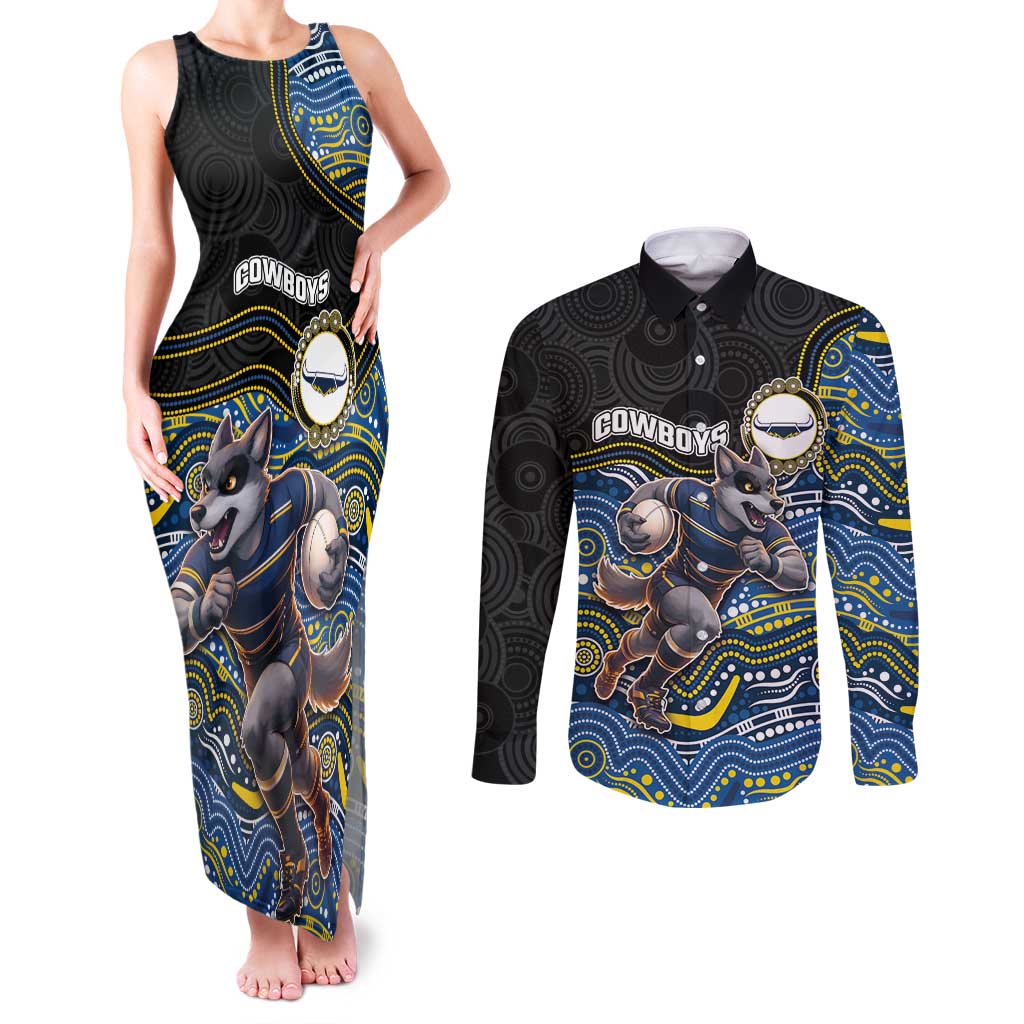 Custom Cowboys Couples Matching Tank Maxi Dress and Long Sleeve Button Shirt Cattle Dog Mascot With Aboriginal Indigenous