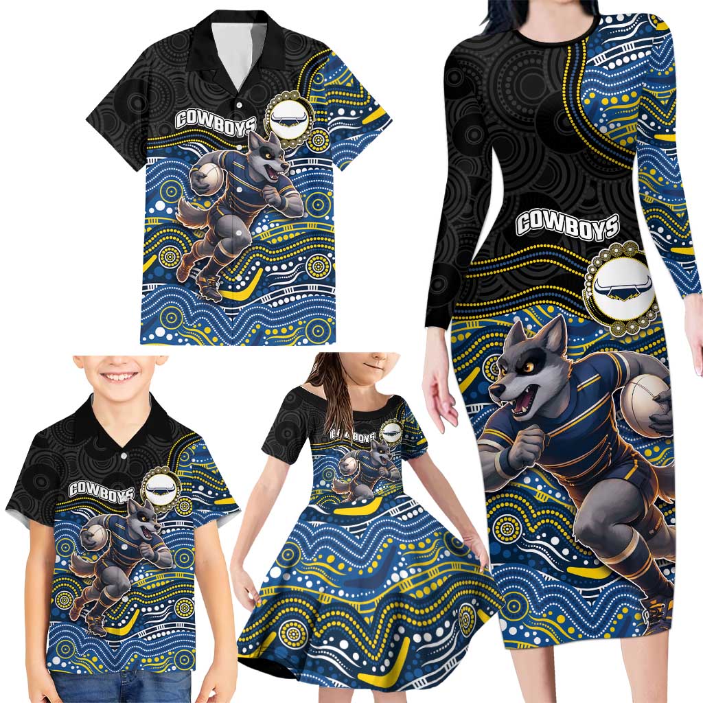 Custom Cowboys Family Matching Long Sleeve Bodycon Dress and Hawaiian Shirt Cattle Dog Mascot With Aboriginal Indigenous