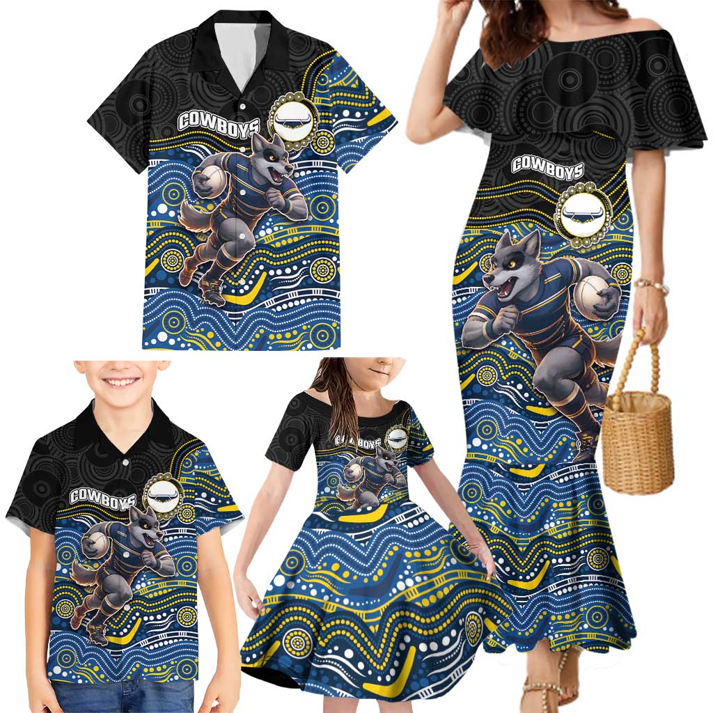 Custom Cowboys Family Matching Mermaid Dress and Hawaiian Shirt Cattle Dog Mascot With Aboriginal Indigenous