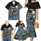 Custom Cowboys Family Matching Mermaid Dress and Hawaiian Shirt Cattle Dog Mascot With Aboriginal Indigenous