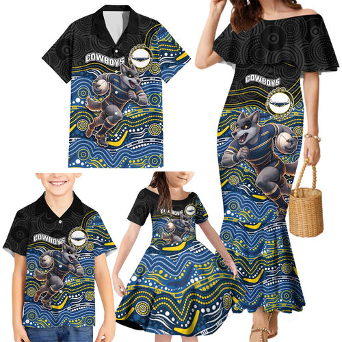 Custom Cowboys Family Matching Mermaid Dress and Hawaiian Shirt Cattle Dog Mascot With Aboriginal Indigenous