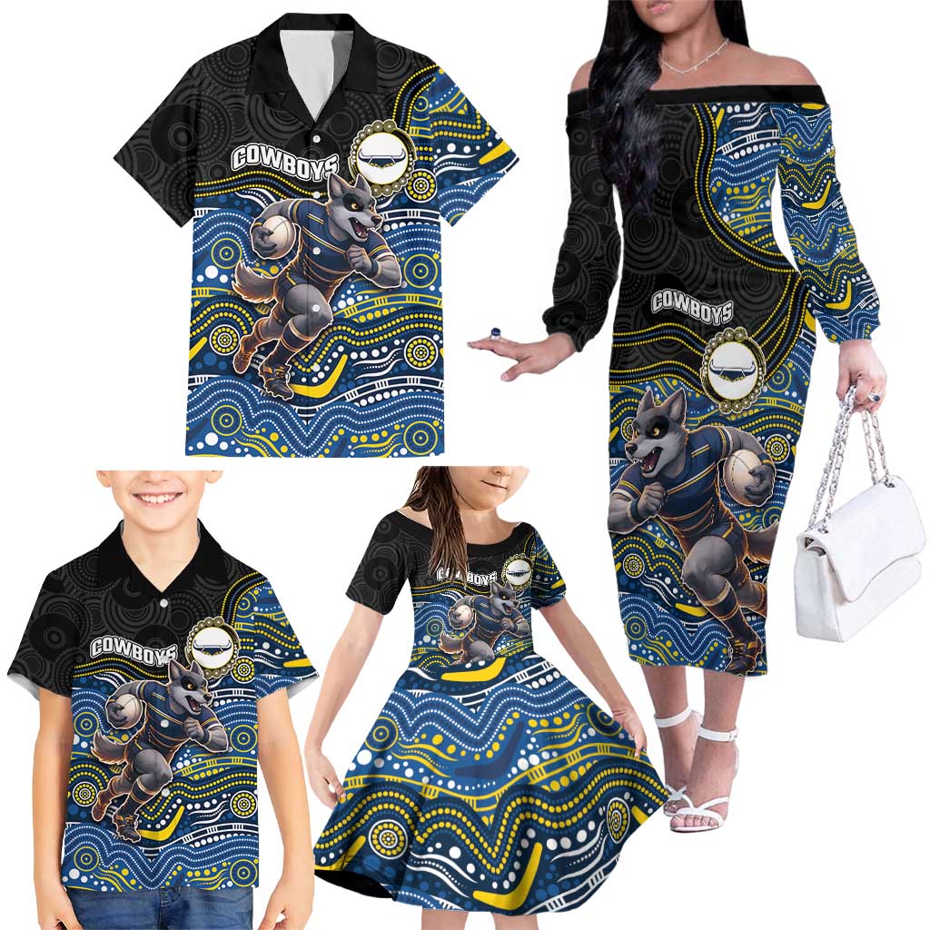 Custom Cowboys Family Matching Off The Shoulder Long Sleeve Dress and Hawaiian Shirt Cattle Dog Mascot With Aboriginal Indigenous