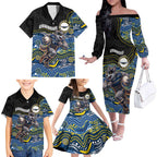 Custom Cowboys Family Matching Off The Shoulder Long Sleeve Dress and Hawaiian Shirt Cattle Dog Mascot With Aboriginal Indigenous