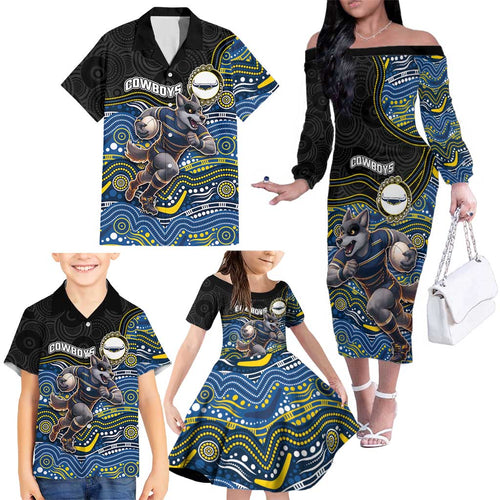 Custom Cowboys Family Matching Off The Shoulder Long Sleeve Dress and Hawaiian Shirt Cattle Dog Mascot With Aboriginal Indigenous