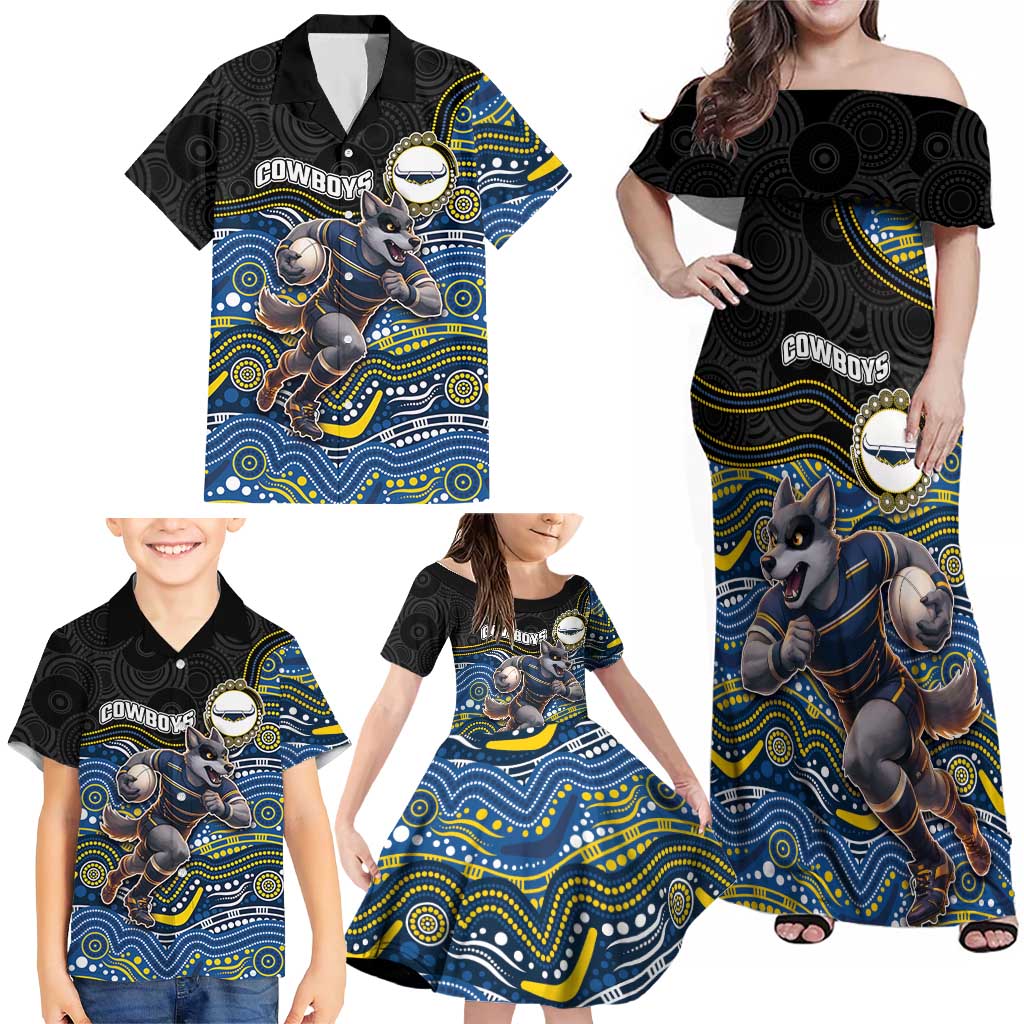 Custom Cowboys Family Matching Off Shoulder Maxi Dress and Hawaiian Shirt Cattle Dog Mascot With Aboriginal Indigenous