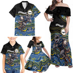 Custom Cowboys Family Matching Off Shoulder Maxi Dress and Hawaiian Shirt Cattle Dog Mascot With Aboriginal Indigenous