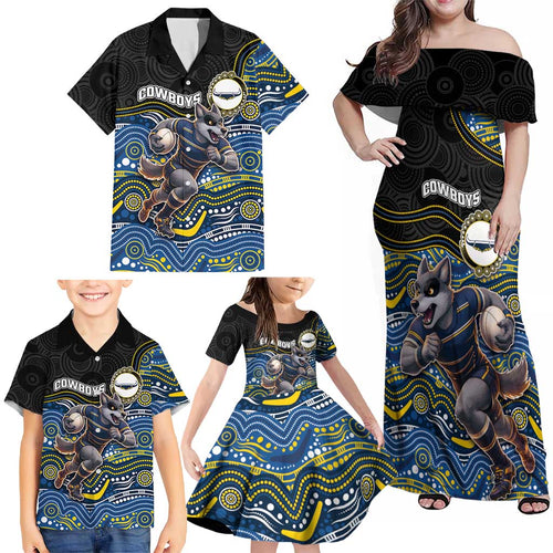 Custom Cowboys Family Matching Off Shoulder Maxi Dress and Hawaiian Shirt Cattle Dog Mascot With Aboriginal Indigenous
