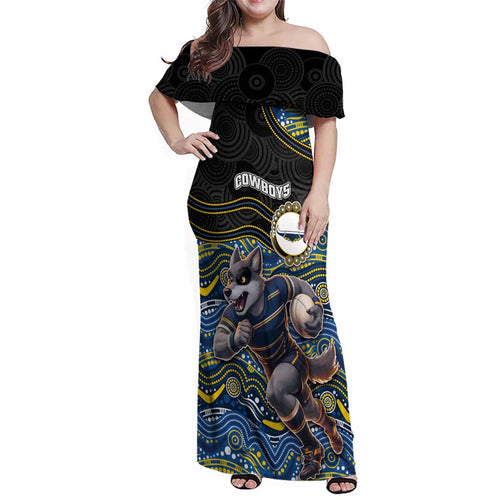 Custom Cowboys Family Matching Off Shoulder Maxi Dress and Hawaiian Shirt Cattle Dog Mascot With Aboriginal Indigenous