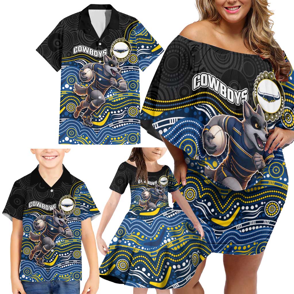Custom Cowboys Family Matching Off Shoulder Short Dress and Hawaiian Shirt Cattle Dog Mascot With Aboriginal Indigenous