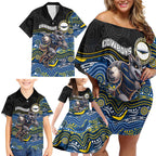 Custom Cowboys Family Matching Off Shoulder Short Dress and Hawaiian Shirt Cattle Dog Mascot With Aboriginal Indigenous