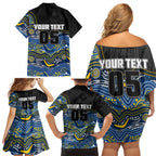 Custom Cowboys Family Matching Off Shoulder Short Dress and Hawaiian Shirt Cattle Dog Mascot With Aboriginal Indigenous